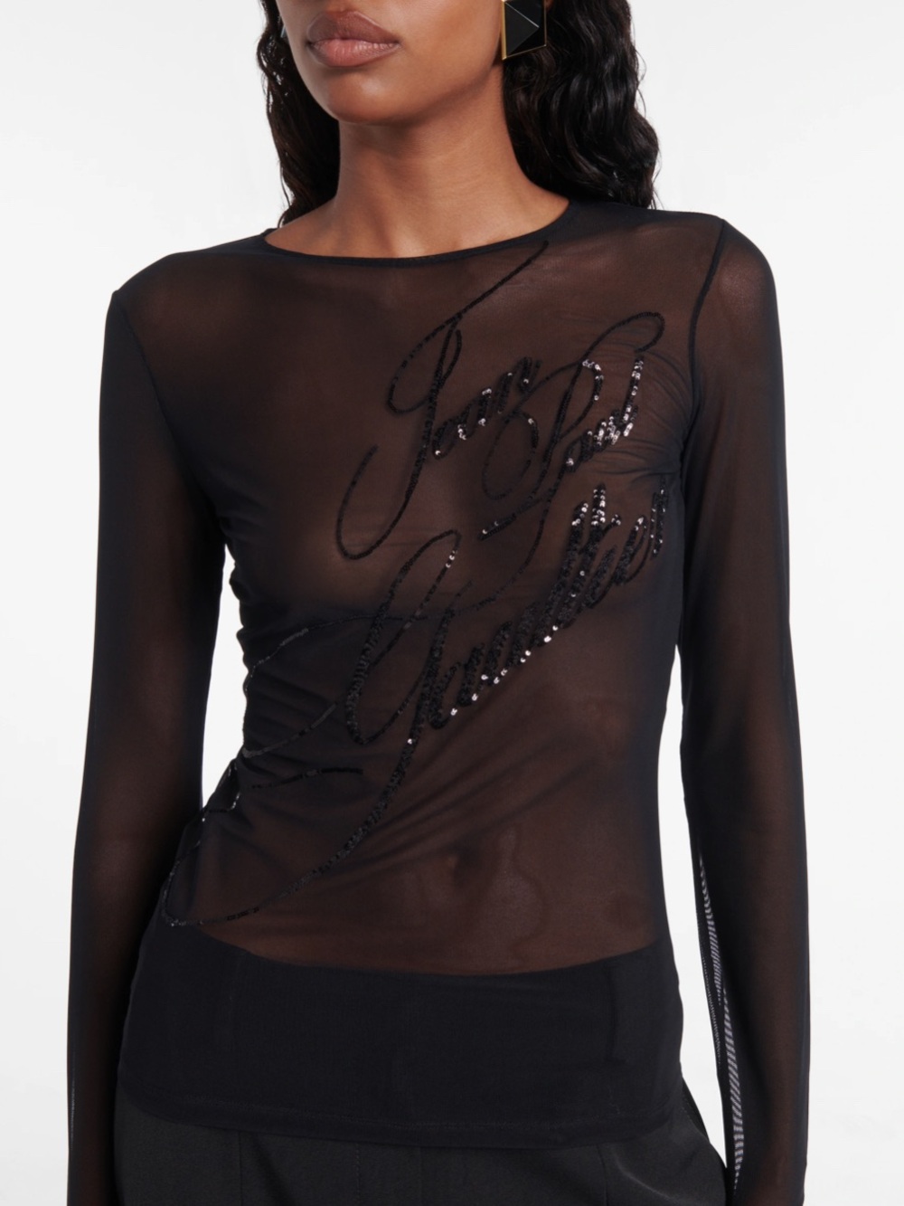Jean Paul Gaultier Black Sheer Sequin Script Long-Sleeve Top